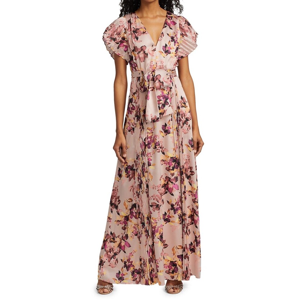 ML Monique Lhuillier Floral Print Belted Maxi Dress 4 Blush Pink Pleat Gown NWT